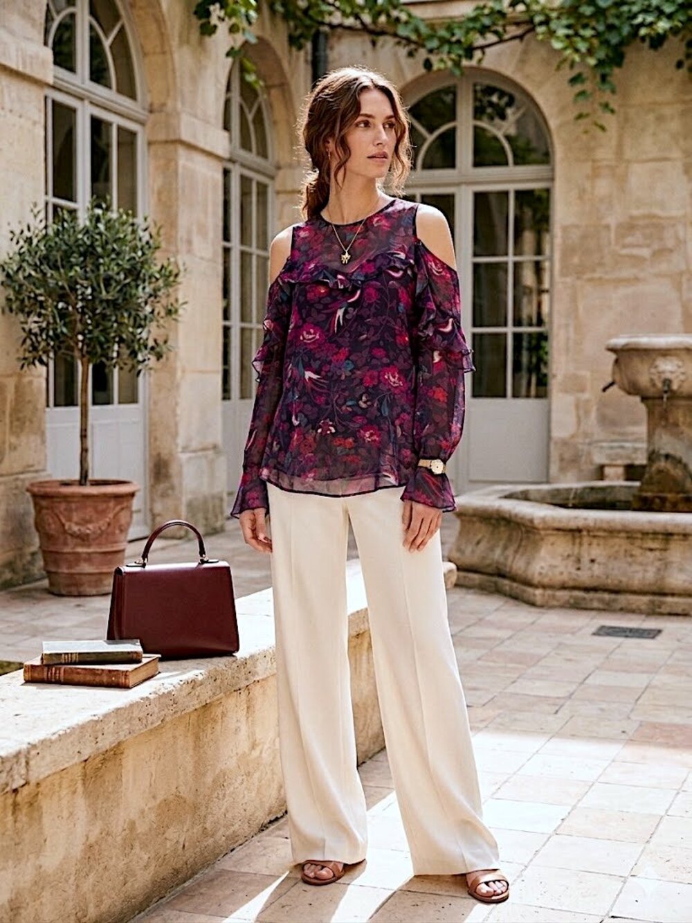 Tanya Taylor Cold Shoulder Silk Dark Floral Print Blouse size 10